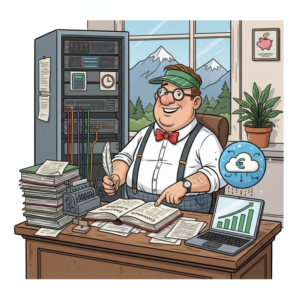 Comic-Darstellung eines Buchhalters am Schreibtisch mit Belegen, Taschenrechner und Buchhaltungssoftware am Bildschirm