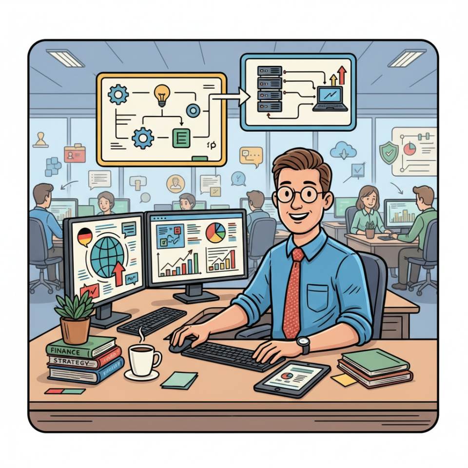 Comic-Darstellung eines Controllers mit Dashboard, Diagrammen, Laptop und Finanzberichten am Schreibtisch