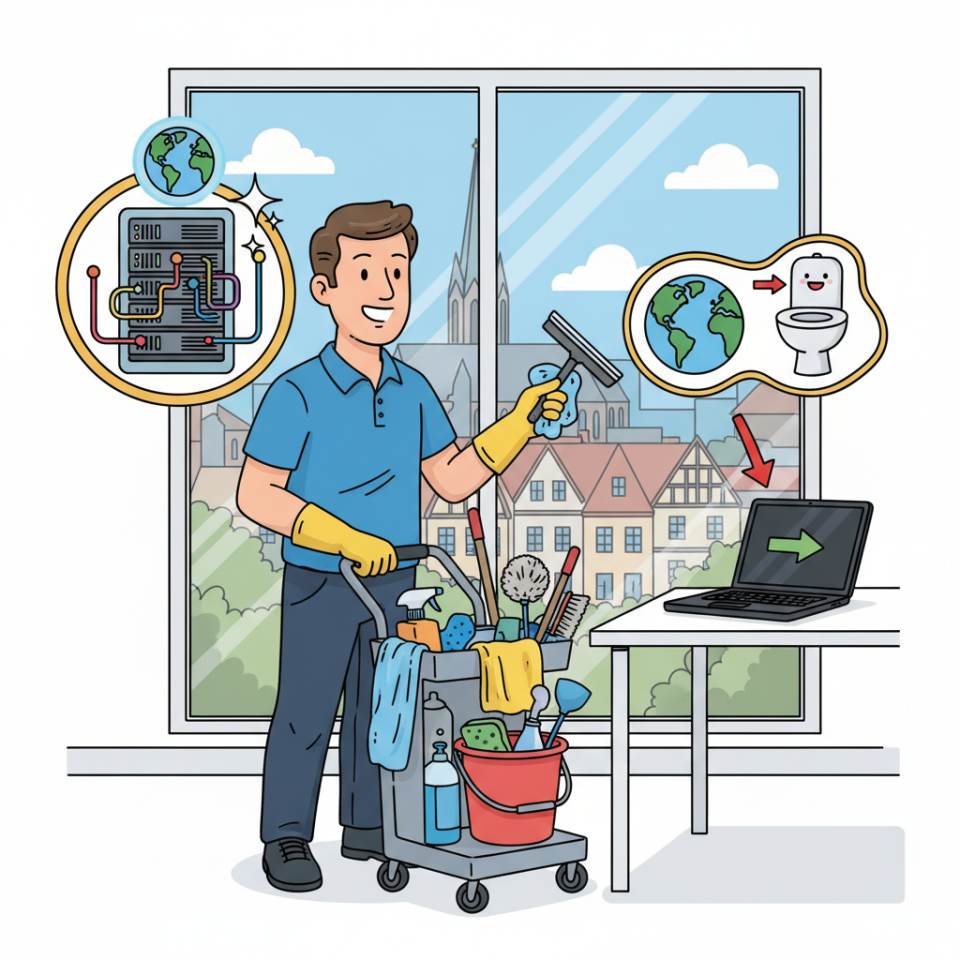 Comic-Darstellung eines Gebäudereinigers mit Reinigungswagen und Wischmopp in einem hellen Büroflur