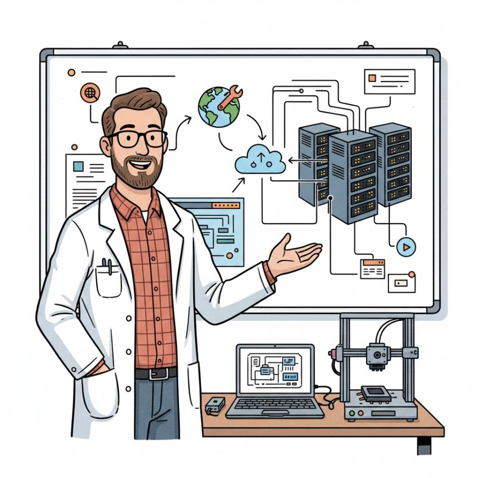 Comic-Darstellung eines Ingenieurs mit Helm, Plänen und Laptop an einer modernen Industrieanlage