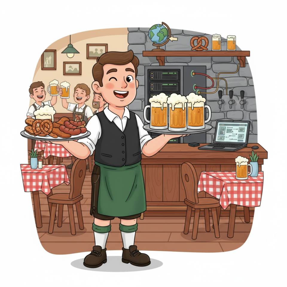 Comic-Darstellung eines Kellners mit Tablett, Weingläsern und gedecktem Restaurant im Hintergrund