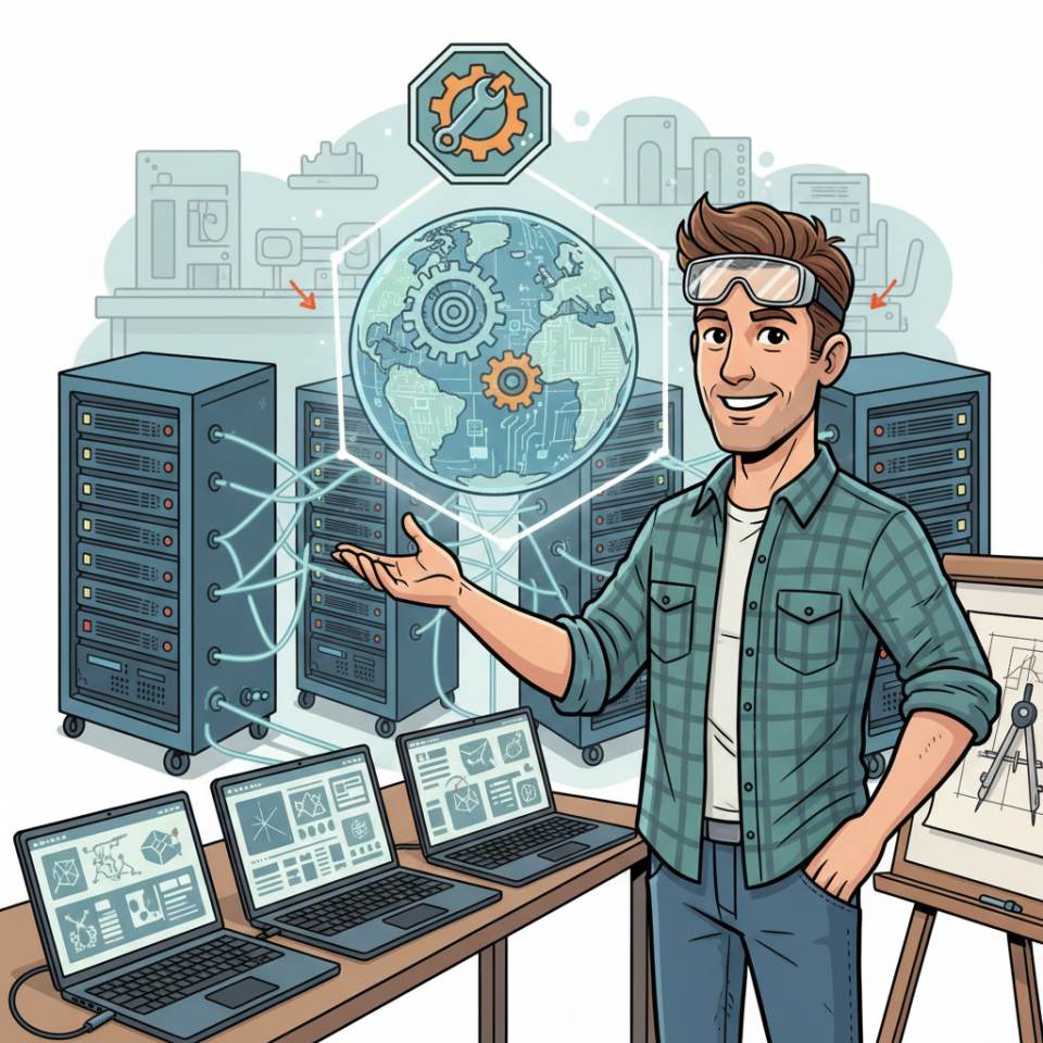Comic-Darstellung eines Konstrukteurs am CAD-Arbeitsplatz mit 3D-Modell, Zeichnung und Messschieber