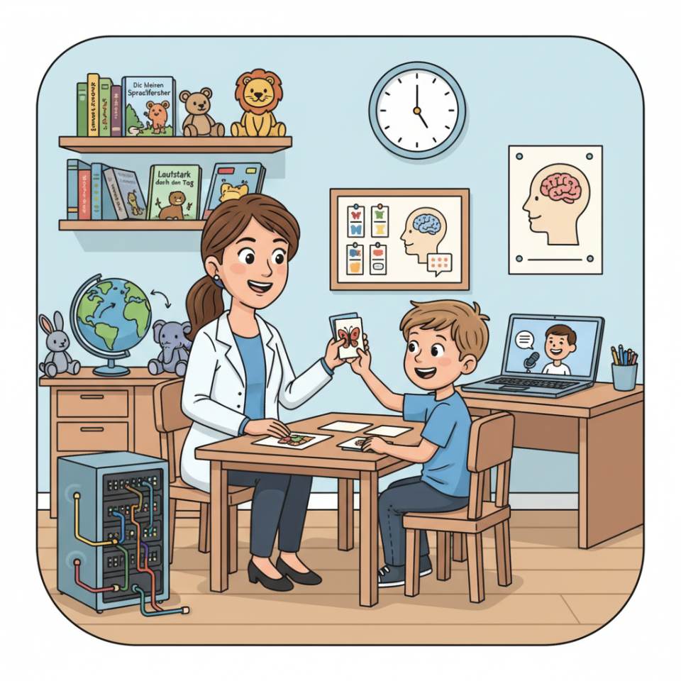 Comic-Darstellung eines Logopäden mit Kind und Übungsmaterialien in einer Praxis