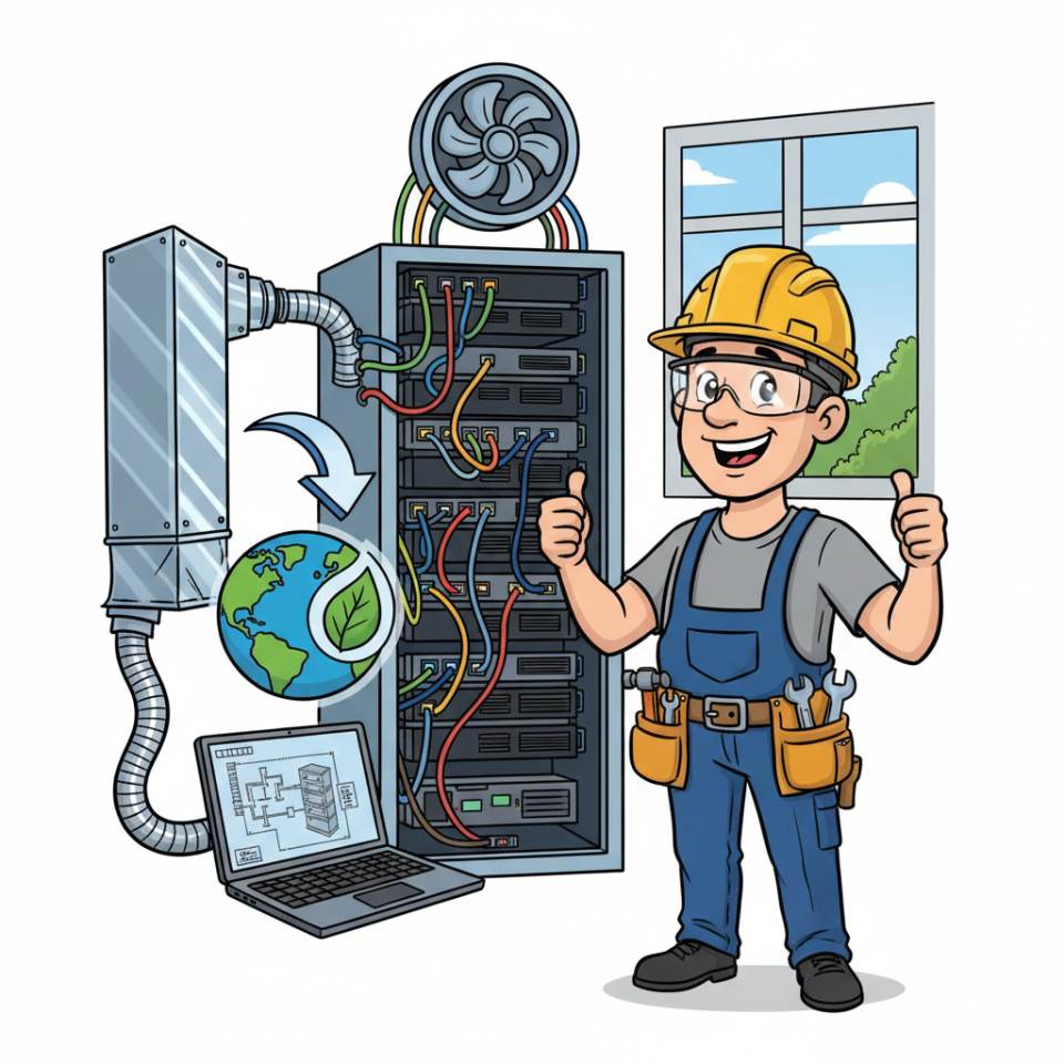 Comic-Darstellung eines Lüftungsbauers mit Werkzeug und Lüftungskanal auf einer Baustelle