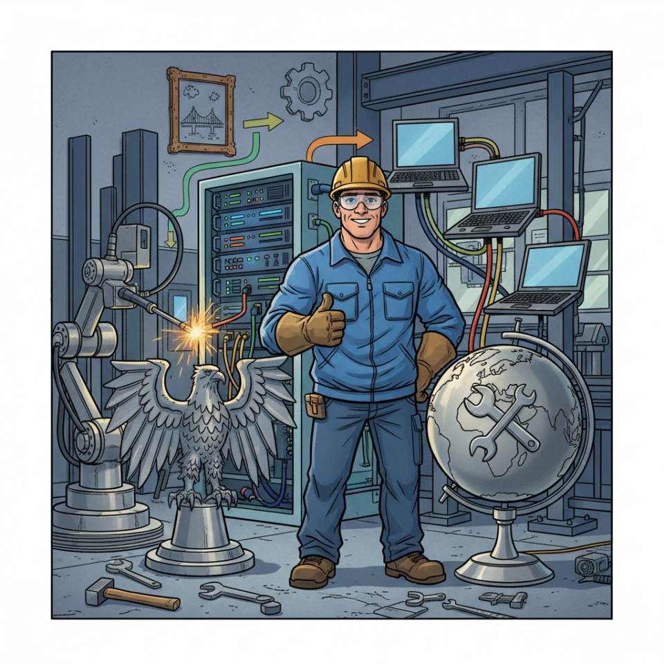 Comic-Darstellung eines Metallbauers mit Schutzhelm und Schweißgerät an einem Stahlrahmen in der Metallbauwerkstatt