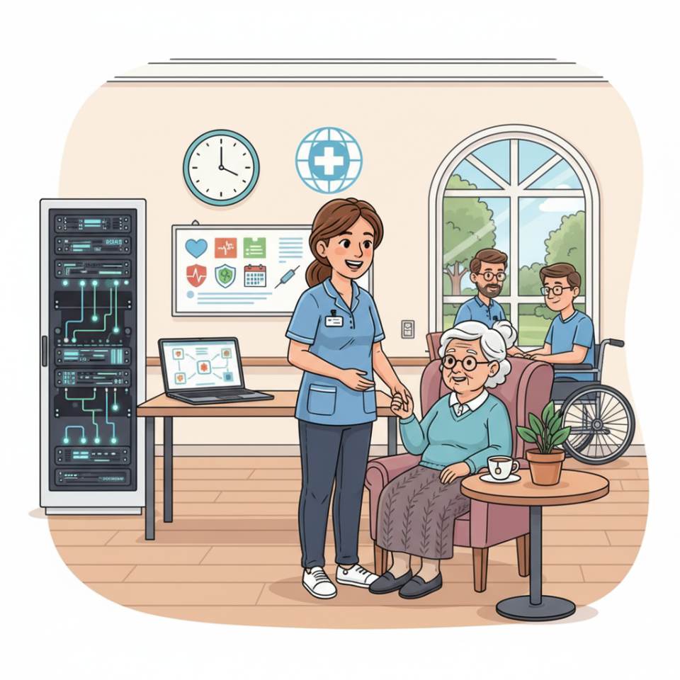 Comic-Darstellung einer Pflegekraft mit Tablet und Pflegewagen am Bett eines Patienten auf einer hellen Station