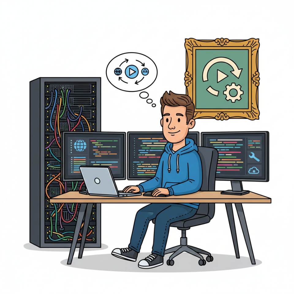 Comic-Darstellung eines Softwareentwicklers am Dual-Monitor mit Code-Editor und Notizen im modernen Büro