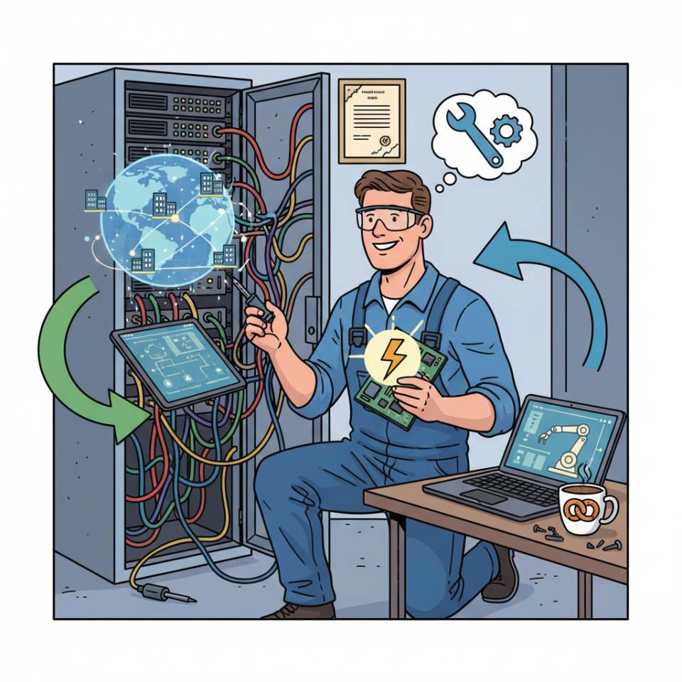 Comic-Darstellung eines Technikers mit Zeichnungen, Messgeräten und Plänen an einer industriellen Anlage