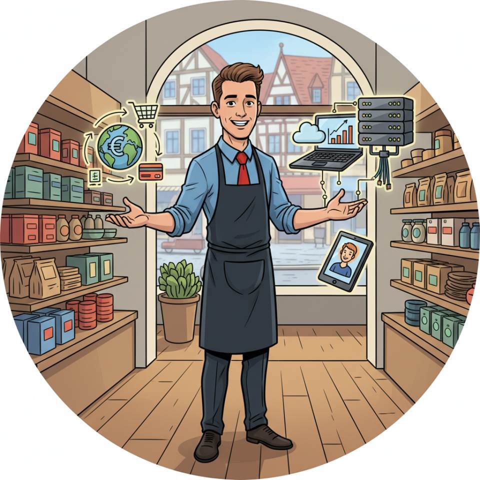 Comic-Darstellung eines Verkäufers an der Kasse mit Kundenberatung im Laden