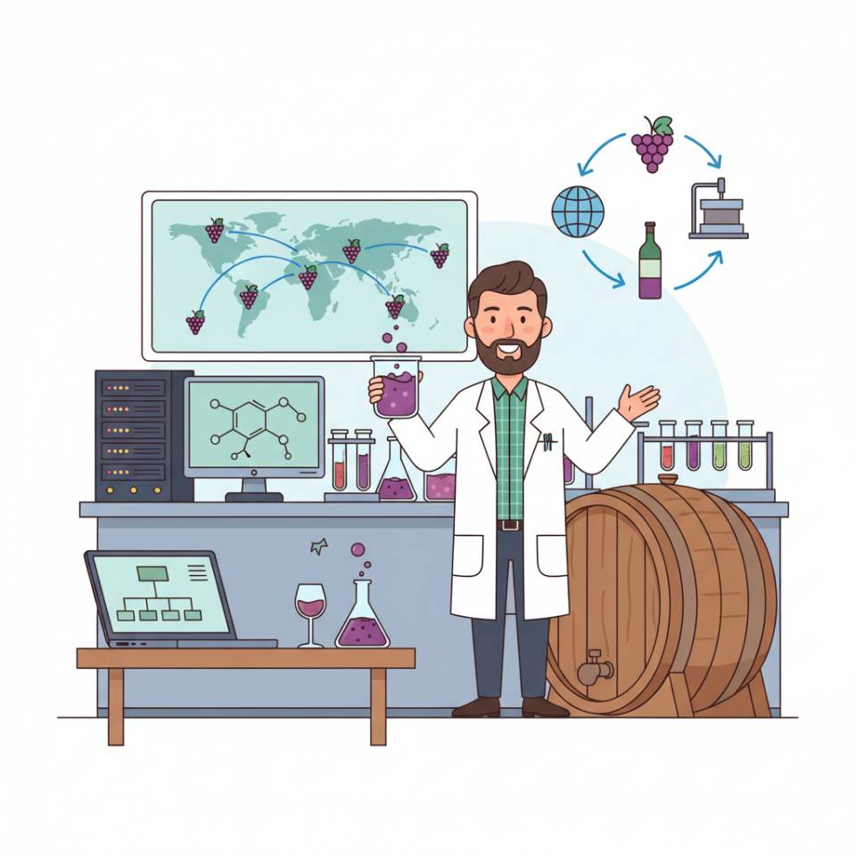 Comic-Darstellung eines Weintechnologen mit Analysegläsern und Tanks in einem Weinkeller