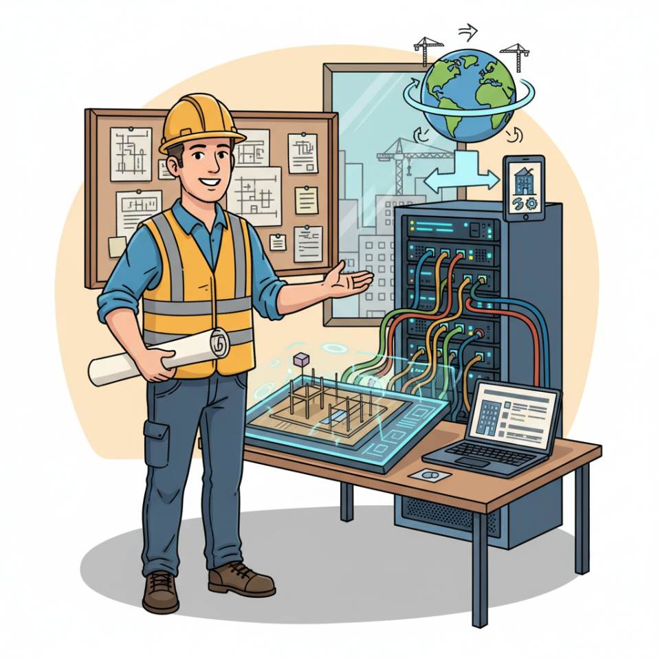 Comic illustration of a construction site manager with hard hat, plans and radio on a building site