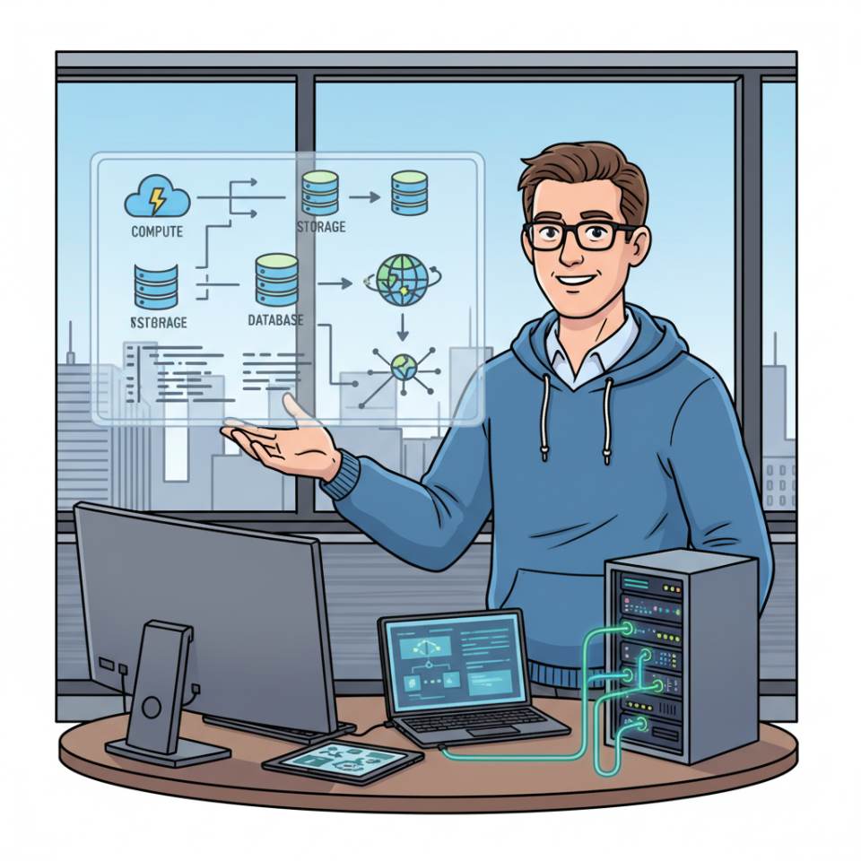 Comic illustration of a cloud architect with laptop, cloud diagram and server icons at the workplace