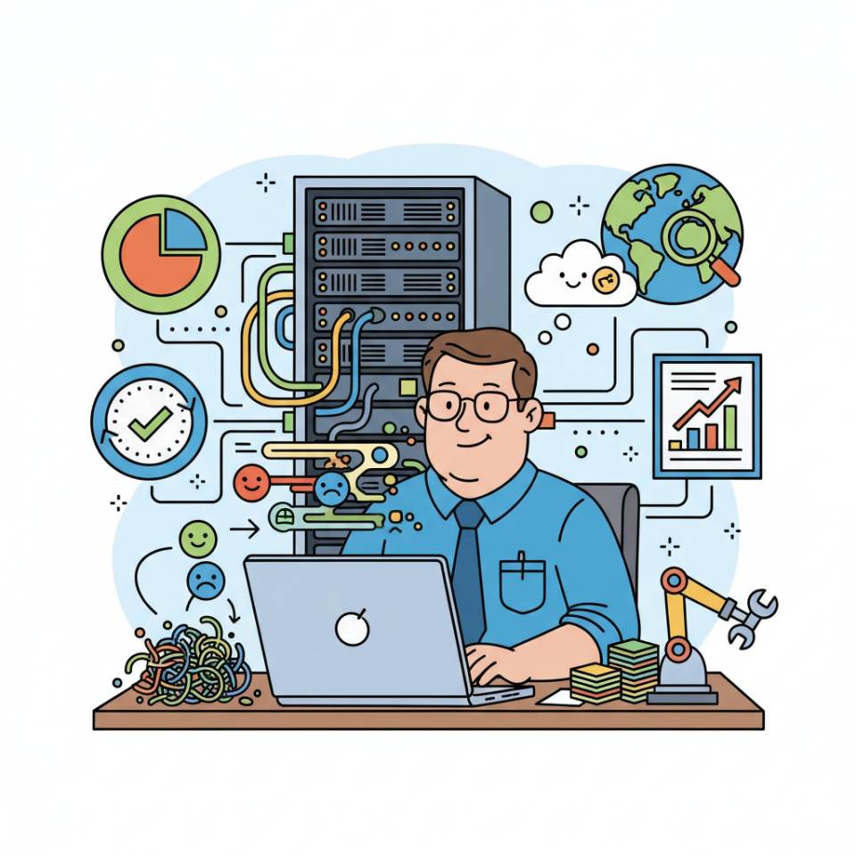 Comic illustration of a data quality manager with dashboard, databases, quality rules and checklists