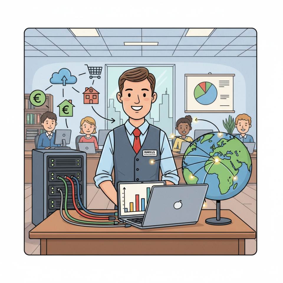 Comic illustration of a store manager with tablet, shelves and team on the sales floor