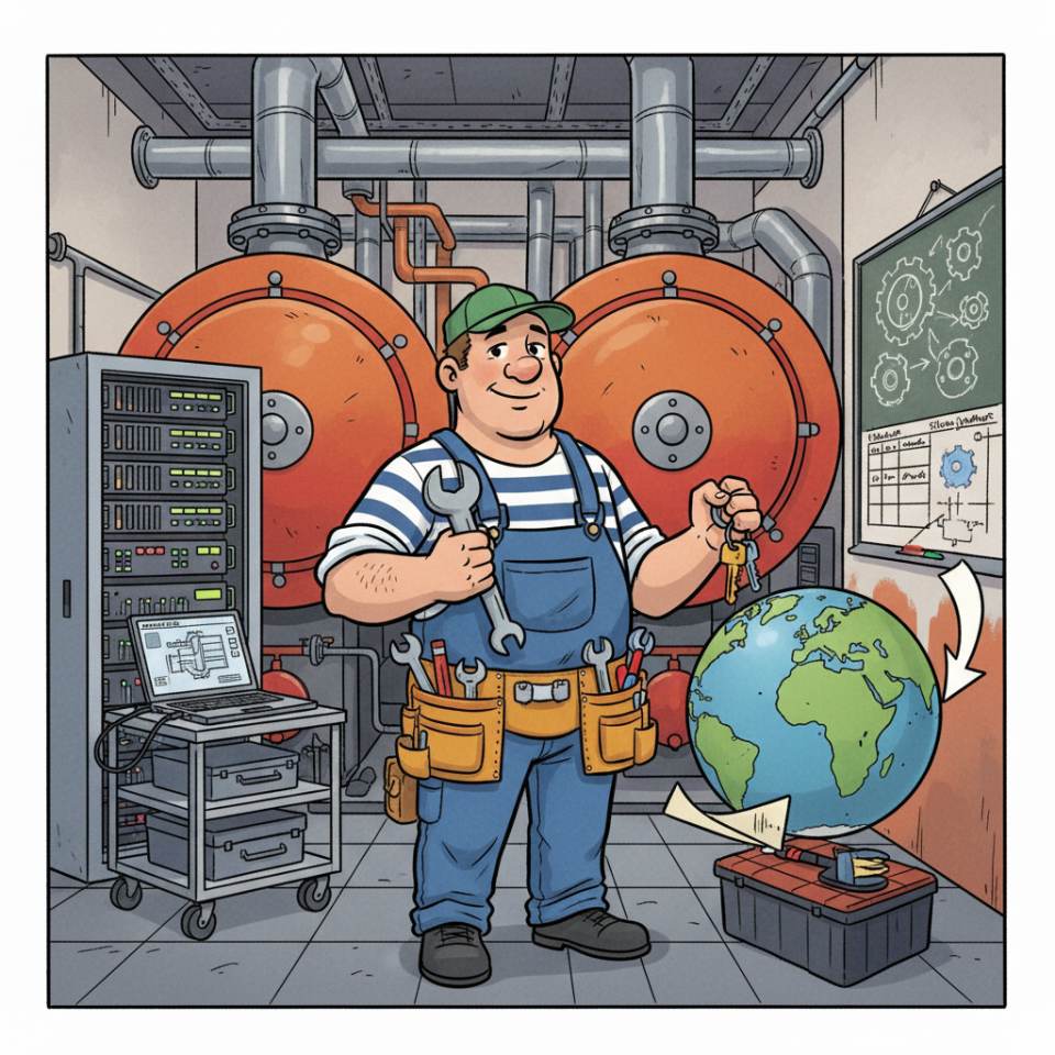 Comic illustration of a caretaker with a toolbox, key ring and checklist in front of a residential building