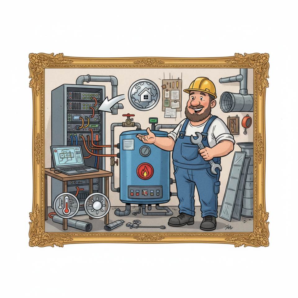 Comic illustration of a heating installer with tools and a heating system in a plant room
