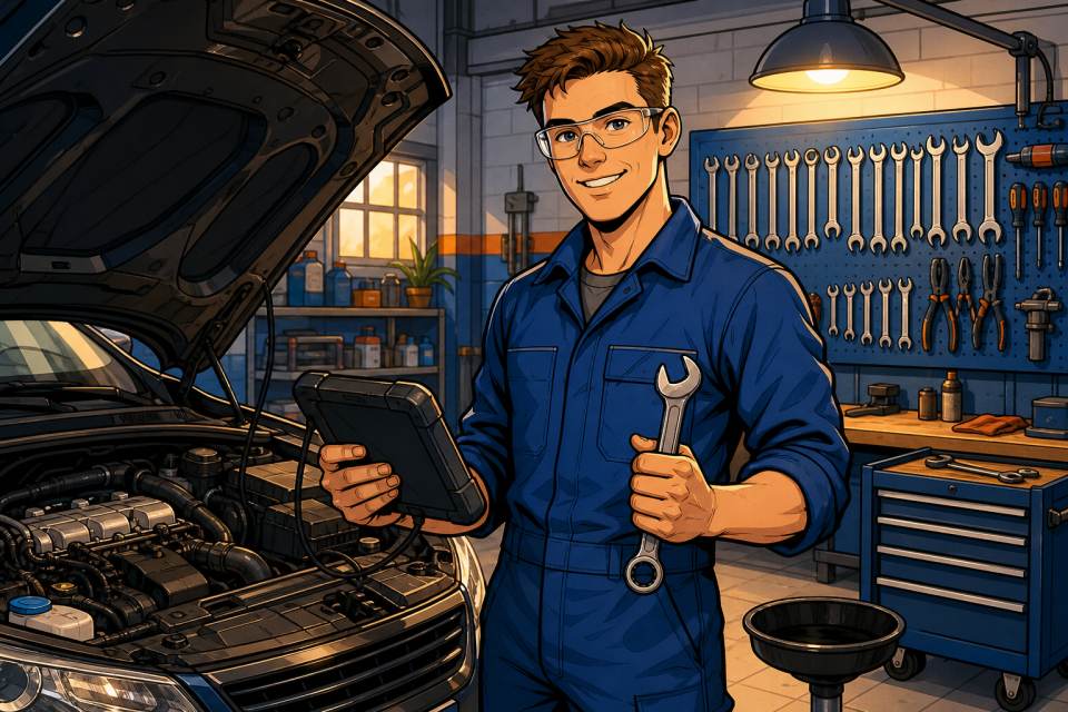 Comic illustration of a car mechatronics technician in everyday workshop work