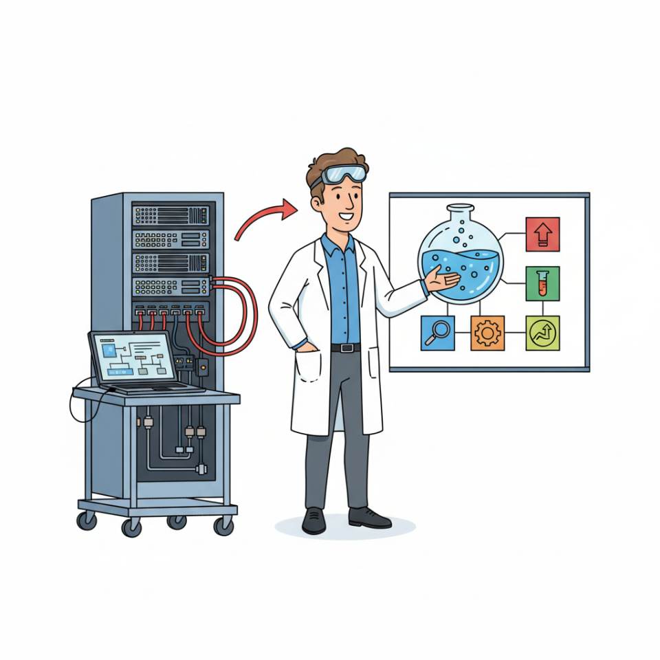 Comic illustration of a laboratory technician in a lab coat and safety goggles at a lab bench with pipettes and measuring instruments