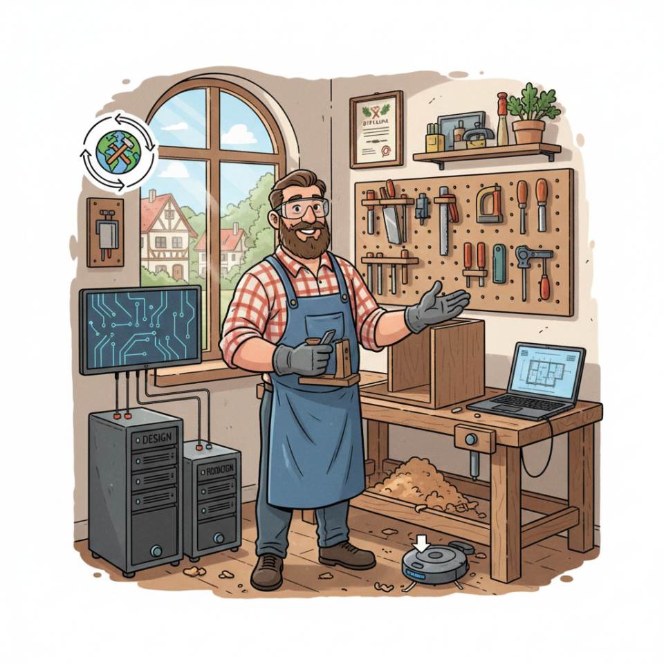 Comic illustration of a joiner with a plane and measuring tape at a wood workbench in the workshop