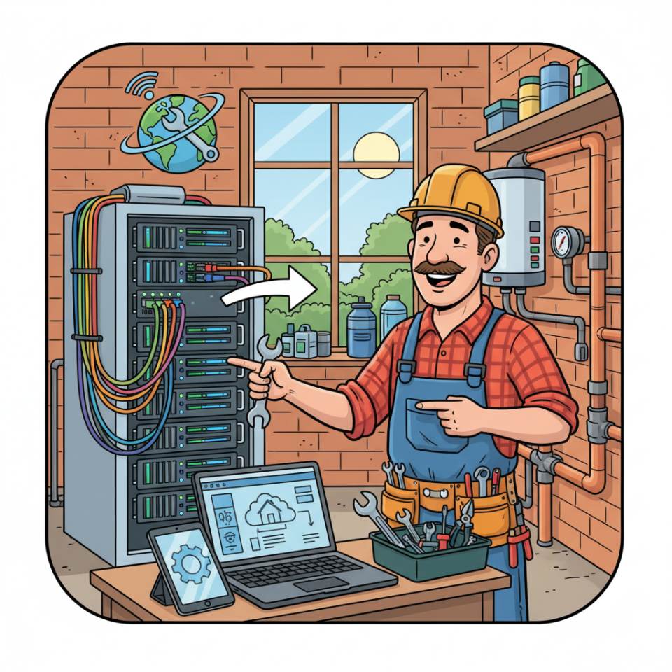 Ilustración tipo cómic de un instalador con herramientas y llave de tubo en una instalación sanitaria y de calefacción