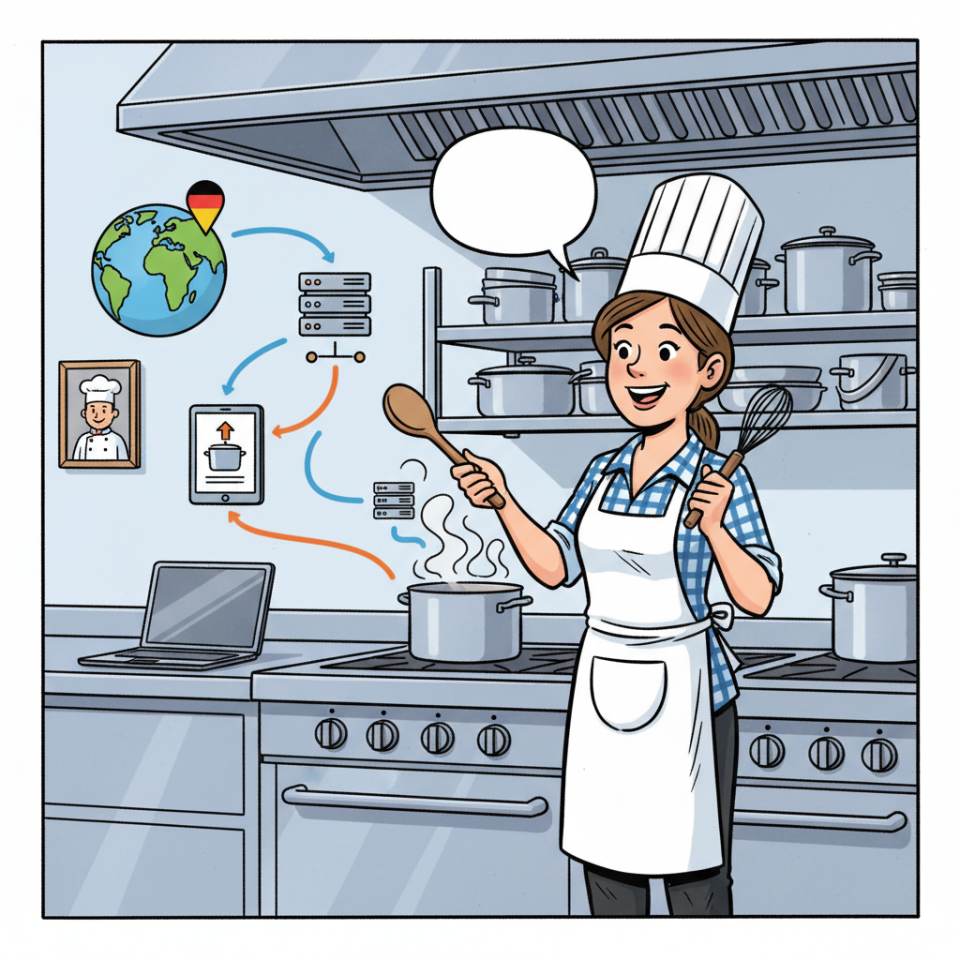 Ilustración cómic de un ayudante de cocina con tabla de cortar, verduras, zona de lavado y utensilios