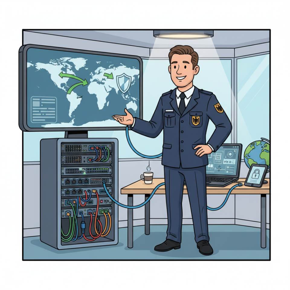 Ilustración cómic de un empleado de seguridad con walkie-talkie y chaleco reflectante en la entrada controlada de un complejo de edificios