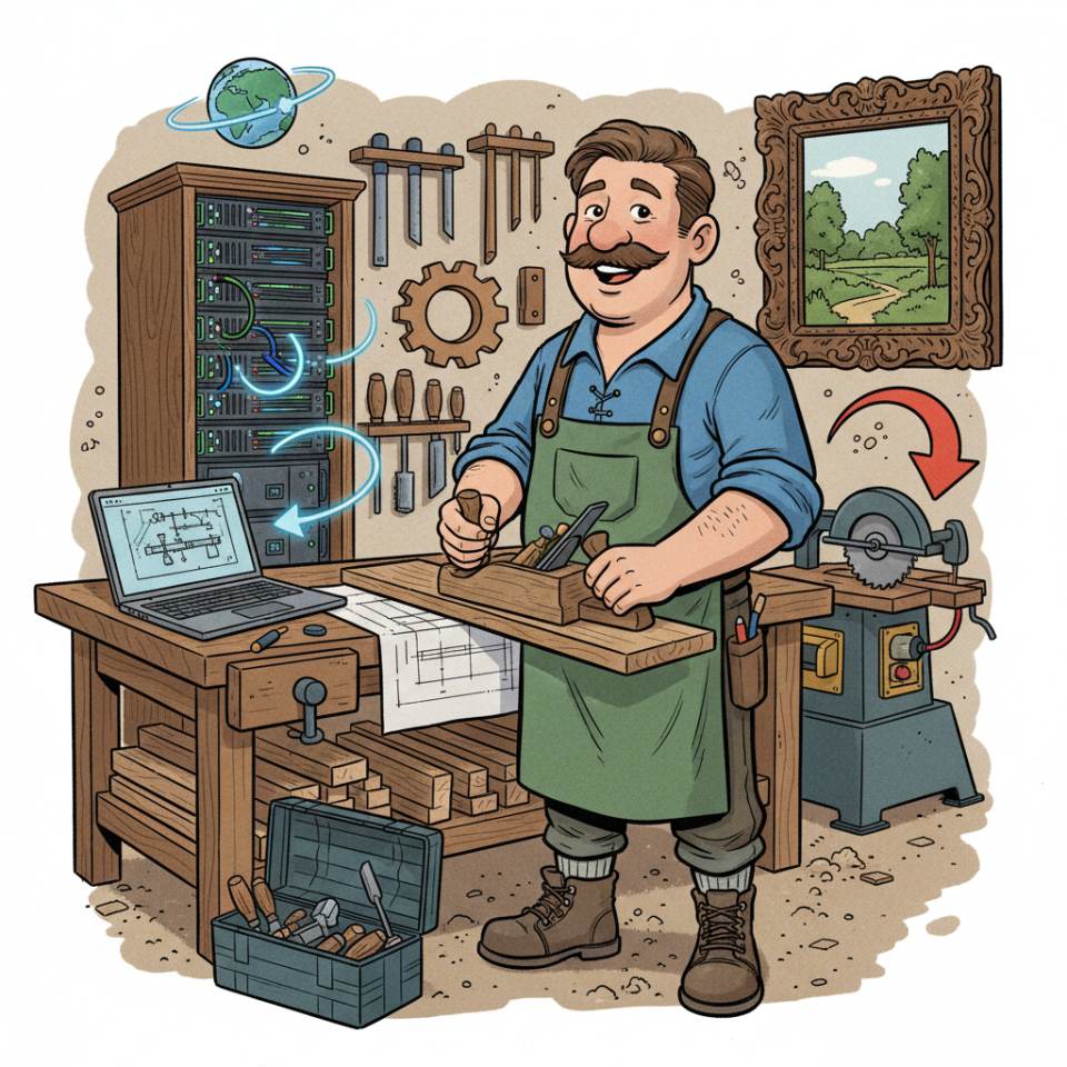 Ilustración tipo cómic de un carpintero con cepillo y cinta métrica en un banco de madera en el taller