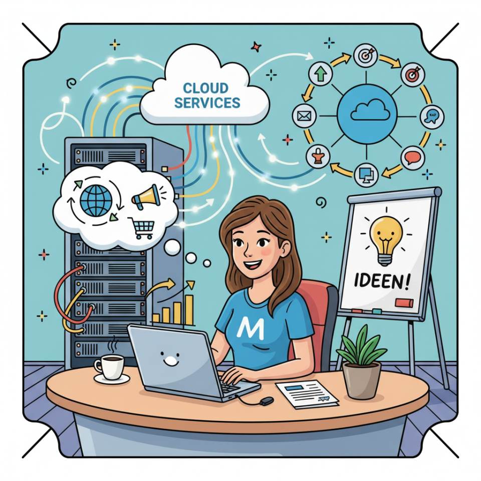 Modern bir masada dizüstü bilgisayar, kampanya panoları ve sosyal medya ikonlarıyla bir pazarlama uzmanının çizgi roman tarzı tasviri